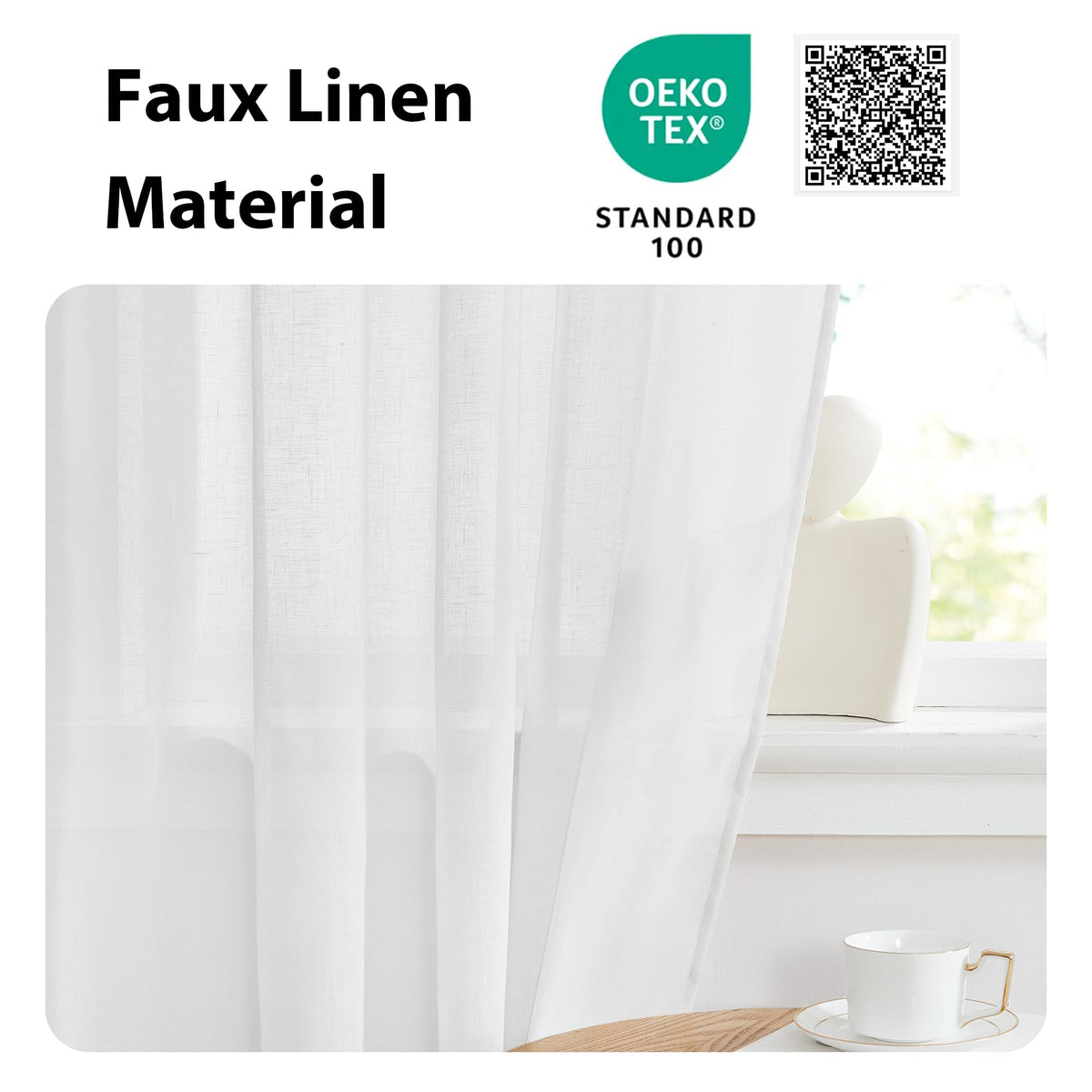 White Linen Semi Sheer French Door Panels 80 inch Long
