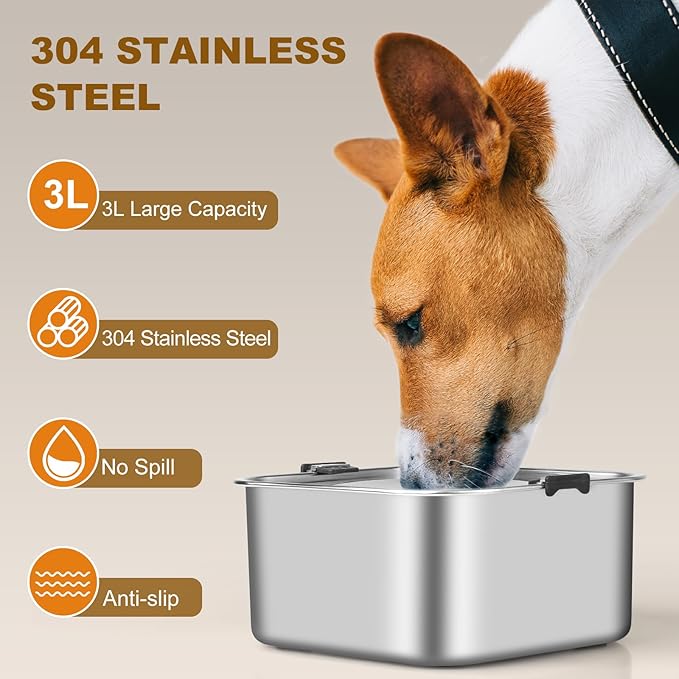 3L/101oz No Spill Dog Water Bowl, Slow Drinking Travel Dog Bowl Spill Proof, Stainless Steel Slobber Stopper for Messy Drinkers, Small Medium & Large Breeds, Square