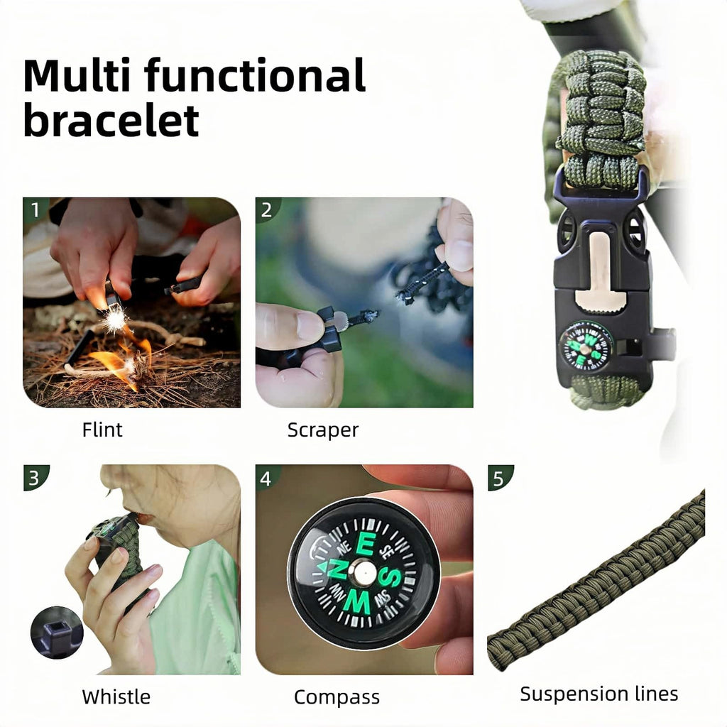 Chinshwehaw 5 in 1 Survival Bracelet-Fire Starter,Loud Whistle,Compass,Paracord Rope & Cutter,Military Grade Tactical Gear for Emergency for Emergency,Camping&Hiking Gear (Green)