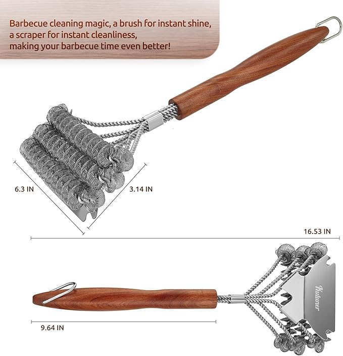 KULUNER BBQ Cleaning Brush - Bristle-Free, Suitable for All Types of barbecues, Wooden Handle, Multifunctional Brush and Scraper, Barbecue Accessory, Men's