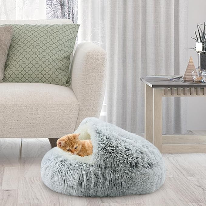 Calming Cat Beds, Fluffy Plush Round Cat Cave Washable, Cozy Warming Anti-Slip Small Dog Bed for Puppy and Kitten, Soft Anti Anxiety Pet Nest (20×20 inch, Grey)
