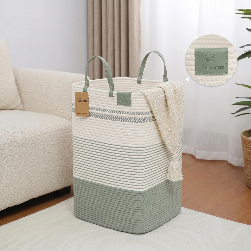 75L Woven Laundry Hamper with Long Leather Handles