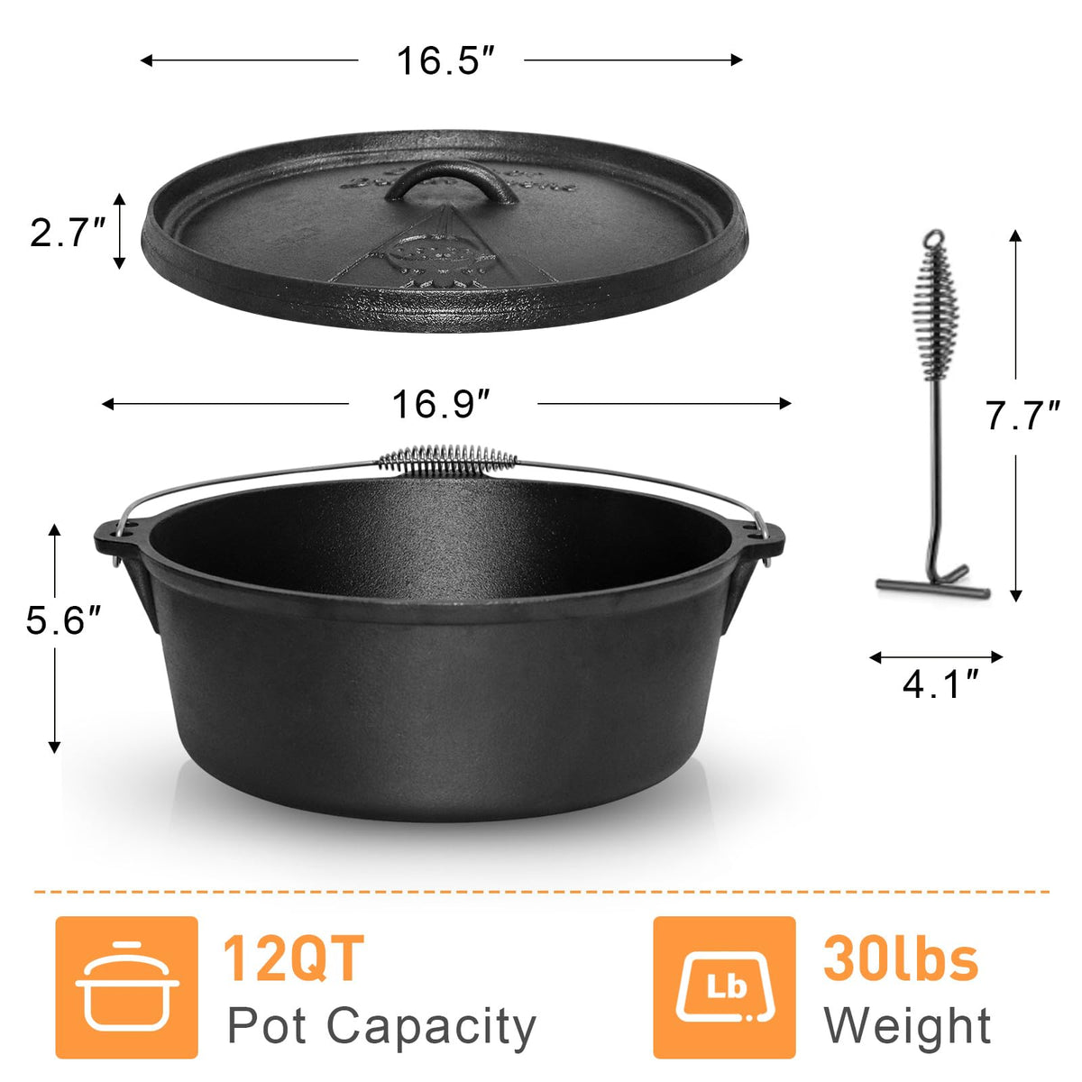 NSIRONS Camping Dutch Oven,12 Qt Pre-Seasoned Cast Iron Camp Dutch Oven Pot with Lid - Lid Lifter, Cast Iron Dutch Oven with Metal Handle for Cooking BBQ Baking Campfire Modern Black