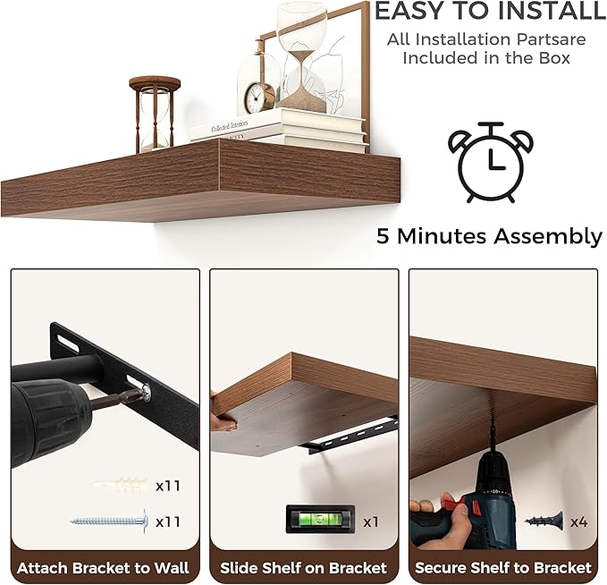 Venusmiles Floating Shelves for Wall, 48 Inch Floating Shelves Set of 1, 6.5" D Wooden Wall Mounted Display Shelves with Invisible Brackets for Living Room, Bedroom, Bathroom, Kitchen Decor, Walnut