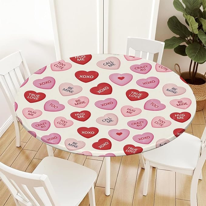 Valentines Day Round Fitted Tablecloth with Elastic Pink Red Love Hearts Circle Table Cloth for 48-52" Round Tables Wipeable Waterproof Valentines Decorative Table Cover for Picnic Dining Party Decor