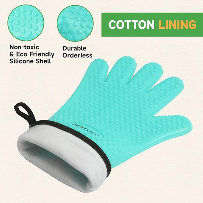 GEEKHOM BBQ Gloves Heat Resistant Oven Mitts - Silicone Grilling Gloves with 13.7" Arm Protection - Waterproof Pot Holder Non-Slip for Men & Women, Kitchen Outdoor Cooking, Baking, Camping, Turquoise