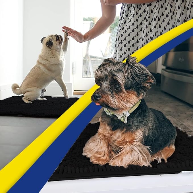 Muddy Mat® Shown on TV – Super Absorbent Microfiber Dog Door Mat for Muddy Paws, Non-Slip Washable Pet Rug, Quick Dry Chenille Entryway Carpet, Machine Washable Indoor Outdoor mat, Black 28"x18"
