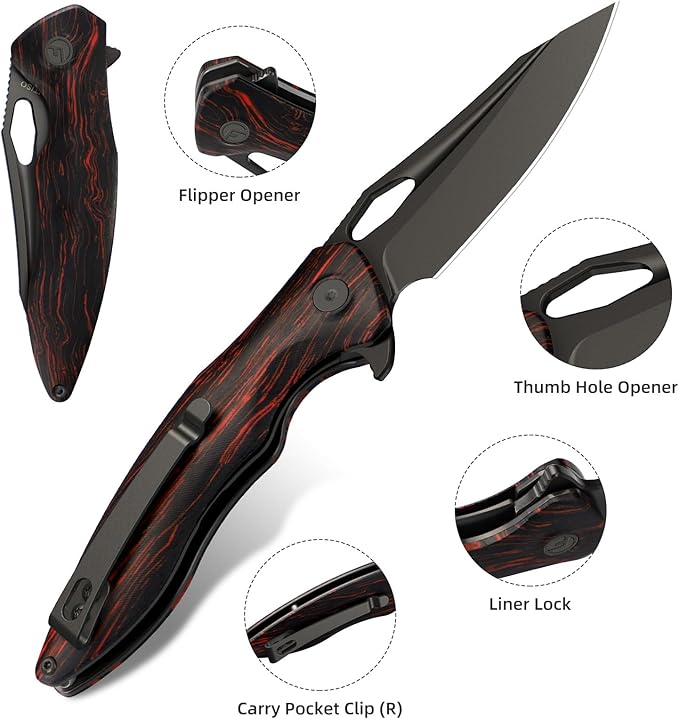 FINTISO Apollo Pocket Knife, 3.3" 14C28N Blade Damascus Pattern G10 Handle Folding Knife with Liner Lock, EDC Knife with Pocket Clip for Camping, Hunting, Survival, Unique Gift for Men Women