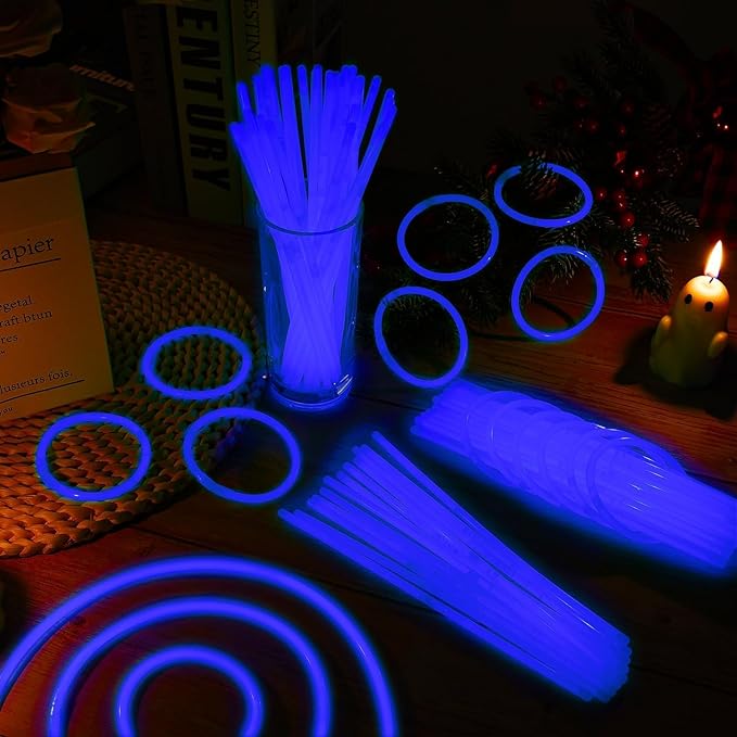 200 Pack 8'' Glow Sticks Bulk Party Favors Blue Light Up Sticks with Connectors Neon Glow in the Dark Party Supplies Bracelets for Holiday Birthday Party Decoration(Blue)