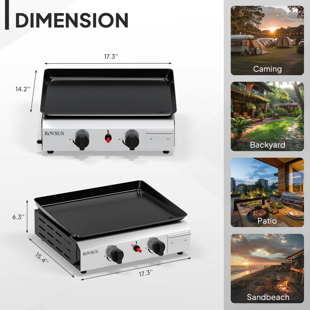 ROVSUN 2 Burner Portable Propane Griddle with Nonstick Enameled Tray, 20,000 BTU Tabletop Flat Top Gas Grill with Electronic Ignition & Regulator for Outdoor Cooking Camping BBQ Tailgating Picnicking