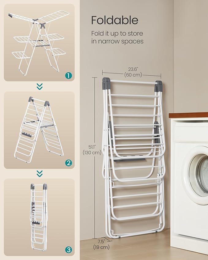 SONGMICS Clothes Drying Rack, Foldable 3-Level Laundry Rack, Free-Standing Large Drying Rack, with Height-Adjustable Wings, 39 Drying Rails, Sock Clips, White and Gray ULLR054W01