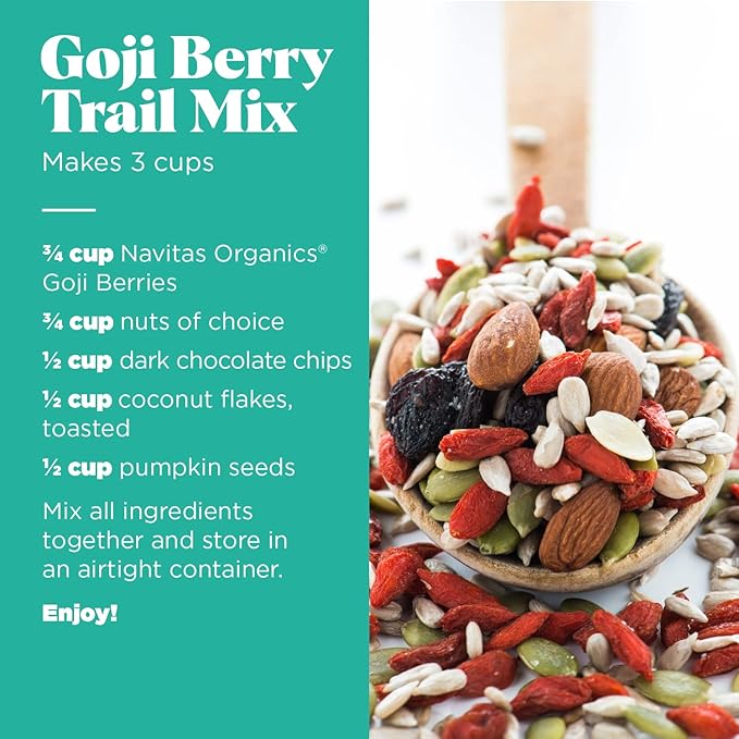 Navitas Organics Goji Berries – For Smoothies, Trail Mix, Baked Goods, Oatmeal & More – Vitamin A, Antioxidants, Fiber – Wolfberry - USDA Organic, Non GMO, Gluten Free, Vegan (16oz. Bag, 15 Servings)