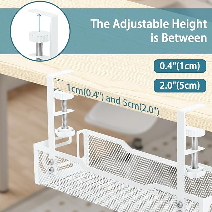 Under Desk Cable Management Tray, No Drill Mesh Desk Cable Tray, Wire Management Tray Cable Management Rack, Wire Organizer and Cable Management Box (White)