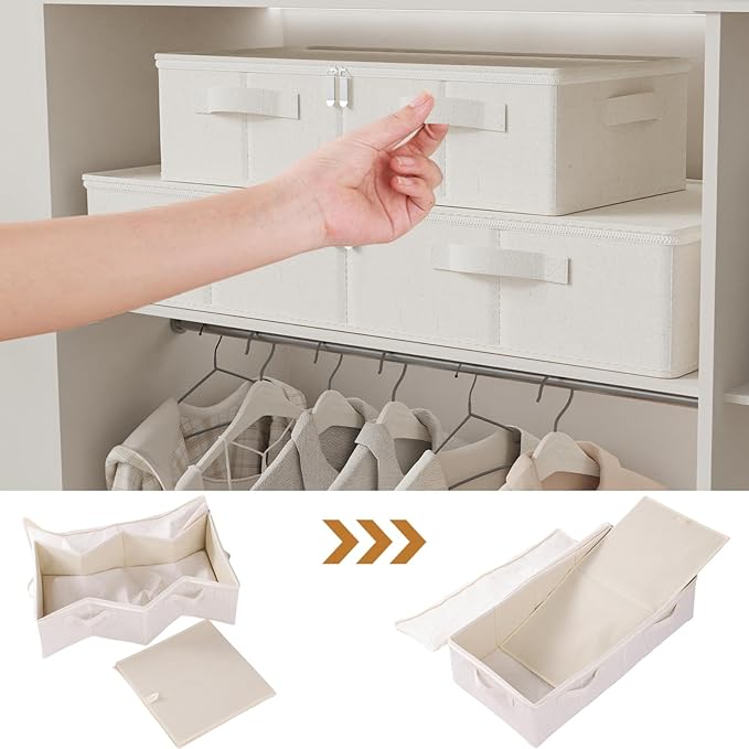 Underbed Storage Bins Compartment, Foldable Under Bed Boxes Organizer, Cube Container with Lid for Organizing Clothes, Sheets, Blankets, Comforter, 31.4x15.7x5.9in, Beige, 2 Pack