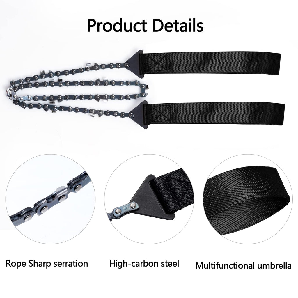 Sucrain Pocket Chainsaw with Paracord Handle, Folding Chain Hand Saw, Emergency Outdoor Survival Gear for Camping, Hunting, Hiking, Cutting Wood & Tree (Black, 11 Teeth, 24'' Long)
