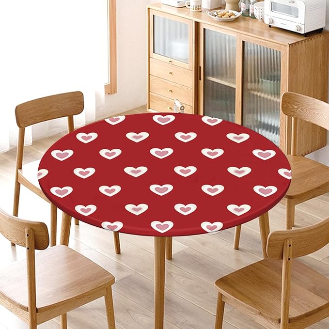 Valentines Day Round Fitted Tablecloth with Elastic Red Pink Heart Circle Table Cloth for 48-52" Round Tables Wipeable Waterproof Washable Burgundy Valentine Table Cover for Picnic Dining Party Decor