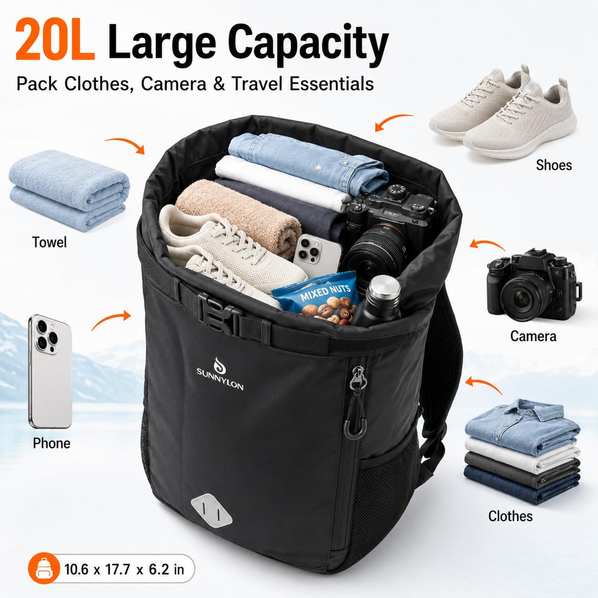 Sunnylon Dry Bag Backpack, 20L Dry Bag Waterproof with Waist Pouch and Phone Case,Roll top Dry bag for kayaking,Marine dry bag for Kayaking, Beach, Rafting, Boating, Hiking, Camping and Fishing