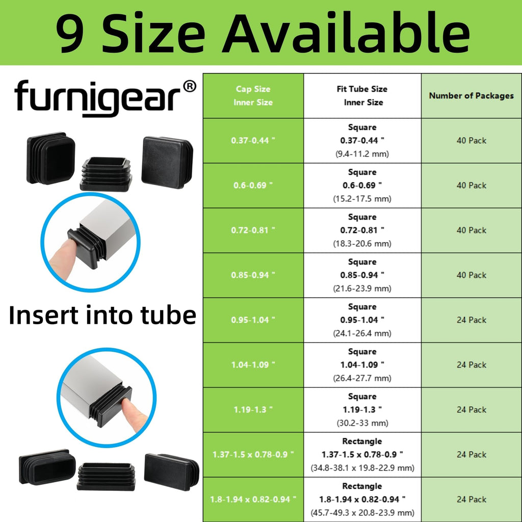 1-1/8" Square Tube End Cap Plastic Plugs Chair End Caps 1.1 Inch (28mm), 1 1/8 X 1 1/8 Tubing Plugs Furniture Sliders Glides Black (Fit 0.95-1.04" Square Tube Inner Size, 24pack) (24 Count)