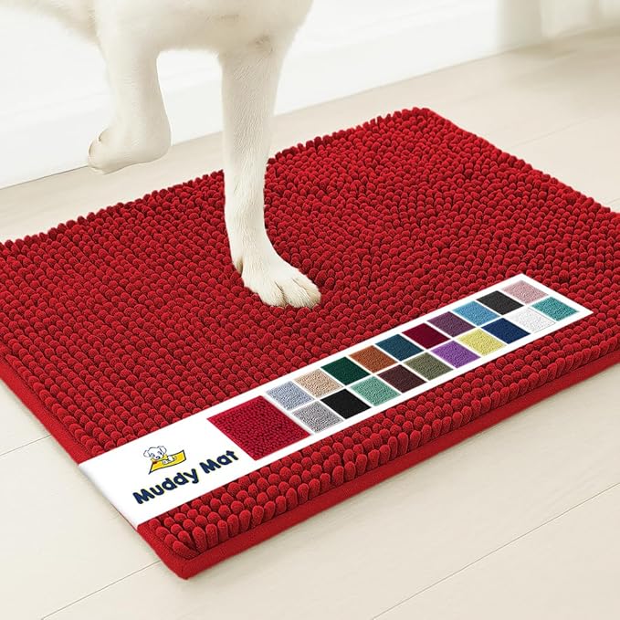 Muddy Mat® Shown on TV – Super Absorbent Microfiber Dog Door Mat for Muddy Paws, Non-Slip Washable Pet Rug, Quick Dry Chenille Entryway Carpet, Machine Washable Indoor Outdoor mat, Red 35"x24"