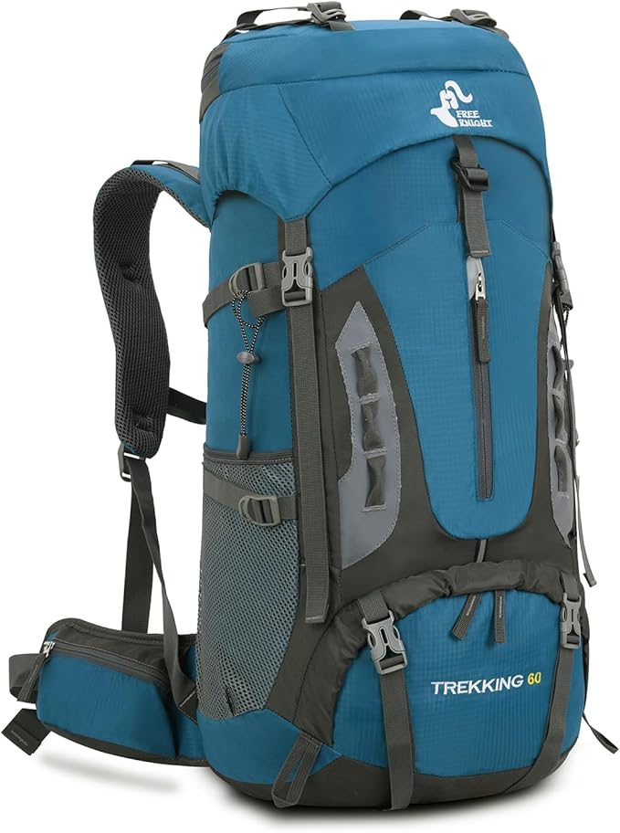 Bseash 60L Hiking Camping Backpack with Rain Cover, Waterproof Large Capacity Outdoor Sport Travel Daypack Climbing Touring (Blue Green)