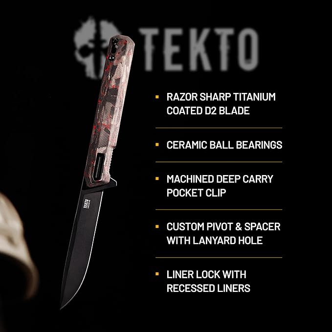 F2 Bravo Folding Pocket Knife - D2 Steel Blade, Ceramic Ball Bearings - EDC - Snap, Swift Flip for Camping - 2.4oz (68g), Forged Ember Handle, Black Titanium Accents (Tactical Patch Included)