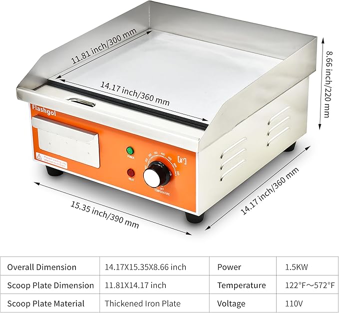 15.3 IN Nonstick Stainless Steel Electric Griddle Adjustable Temperature Control Flat Top Griddle For Resturant, Kitchen, Indoor, Outdoor, Camping, Commercial