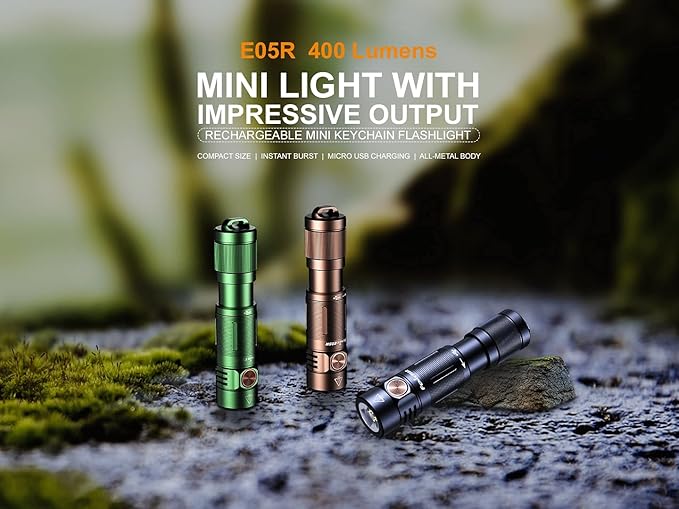 EdisonBright Fenix E05R 400 Lumen USB Rechargeable EDC Keychain Flashlight Charging Cable Carrying case (Mint Green)