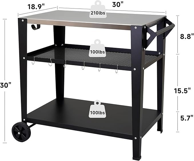 Stainless Steel Outdoor Grill Cart with Wheels, Heavy-Duty 3-Tier BBQ Prep Table for Pizza Oven, Griddle, Patio – Rustproof Commercial Kitchen Cart with Tool Hooks