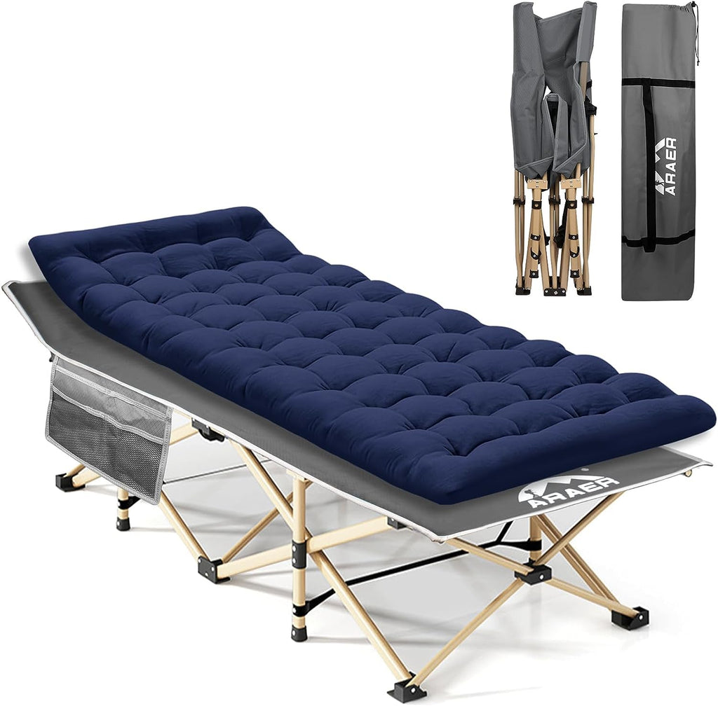 ARAER Camping Cot with Mattress 450LBS Portable Folding Outdoor Bed with Carry Bag for Adults Kids, Heavy Duty Cot for Traveling Gear Supplier, Office Nap, Beach Vocation and Home Lounging (Navy blue)