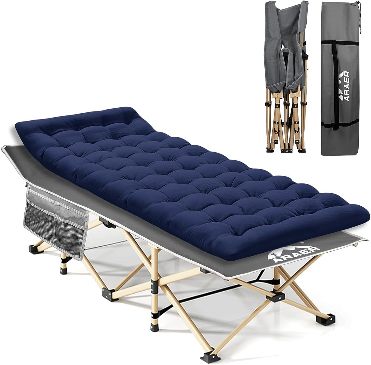 ARAER Camping Cot with Mattress 450LBS Portable Folding Outdoor Bed with Carry Bag for Adults Kids, Heavy Duty Cot for Traveling Gear Supplier, Office Nap, Beach Vocation and Home Lounging (Navy blue)