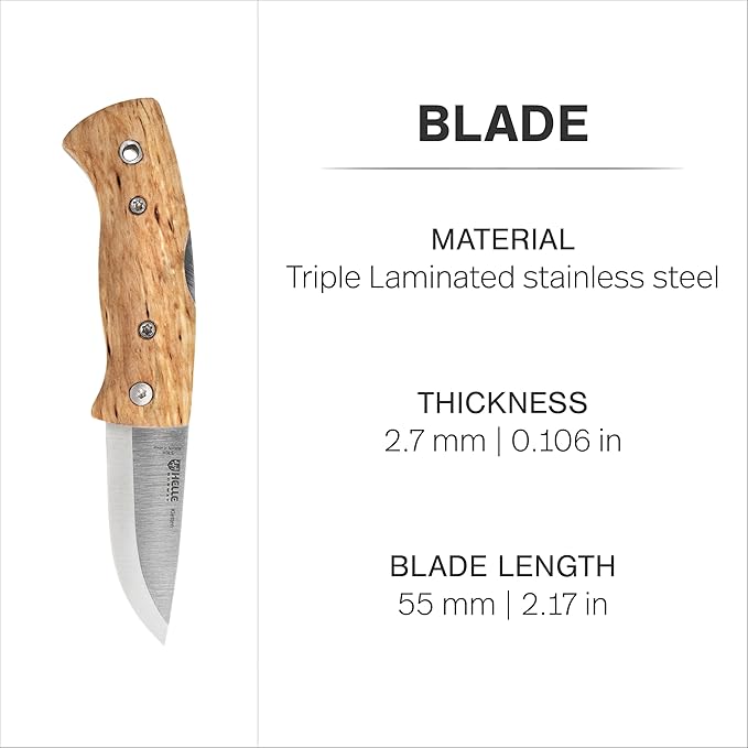 HELLE Knives - Kletten - Folding EDC Pocket Knife - Birch Wood Handle - Triple Laminated Stainless Steel - Made in Norway