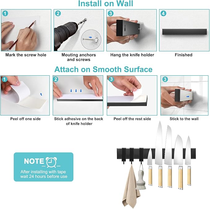 Magnetic Knife Holder With 3 Hooks, 12 Inch Knife Magnetic Strip No Drilling Adhesive Magnetic Knife Holder for Wall Mount Fridge Refrigerator, Magnet Bar Tool Holder Organizer RV Kitchen Gadgets