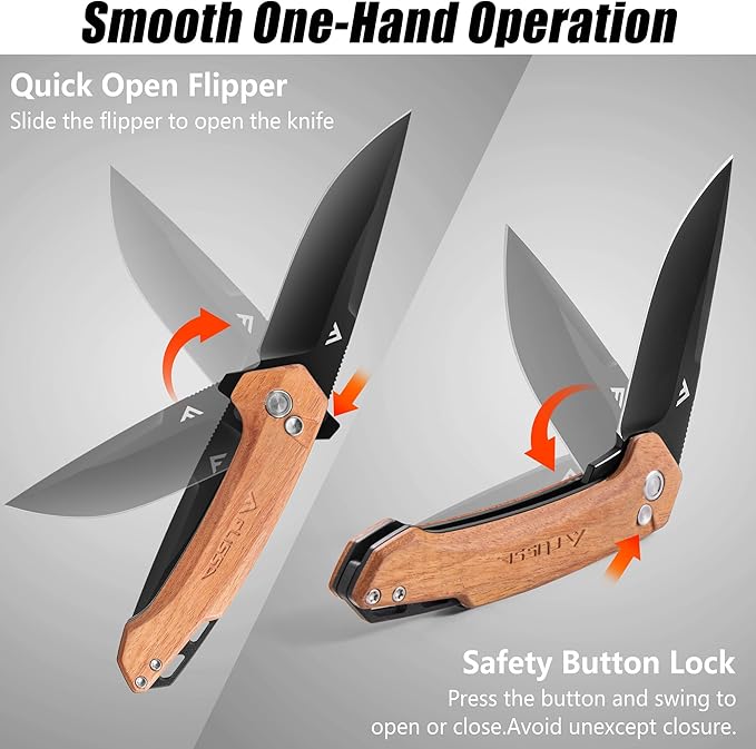 FLISSA Pocket Folding Knife, 3.2??D2 Blade Wood Handle EDC Knife with Button Lock and Pocket Clip for Hiking, Camping, Outdoor Activities