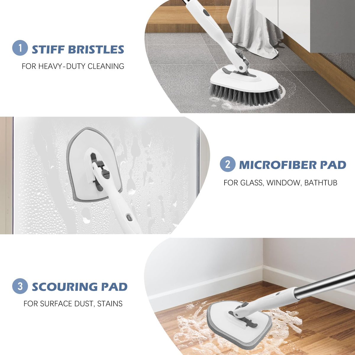 4-in-1 Tile Tub Floor Scrubber with Floor Scrub Brush, White Grey