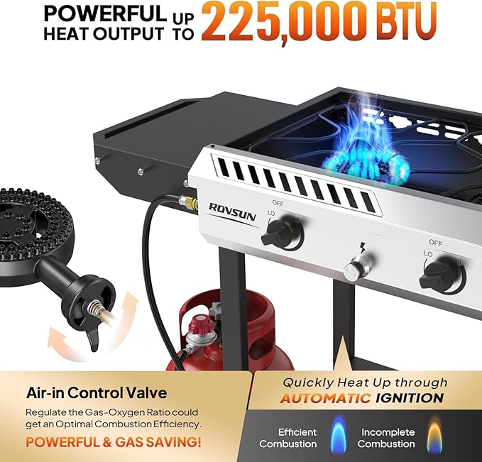 ROVSUN 3 Burner Outdoor Propane Gas Stove with Ignition, Regulator & Side Shelves, 225,000 BTU Rolling Gas Stove Outdoor Cooker for Backyard Patio Cooking Home Camping Brewing Canning Turkey Frying