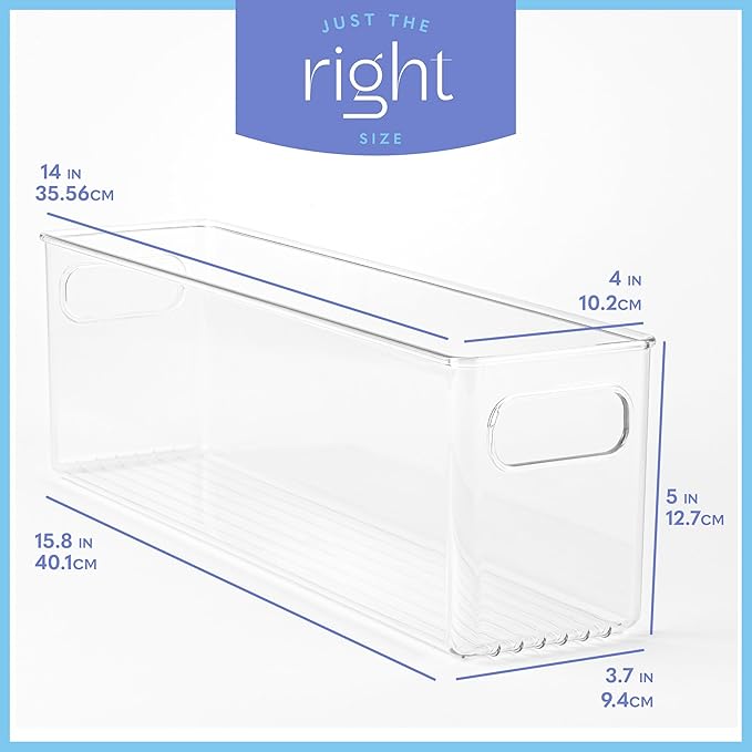 Plastic Food Storage 4 Pack Clear Container Bin with Handles for Organizing Kitchen, Pantry, Refrigerator, Freezer, Pantry, Cabinet, Closet, Bathroom. 14”x4”x5”