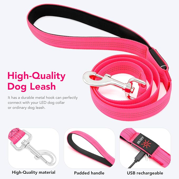 Colaseeme Light Up Dog Leash, LED Pet Leashes USB Rechargeable, Glow Safety Dogs Lights at Night (4FT,Pink)