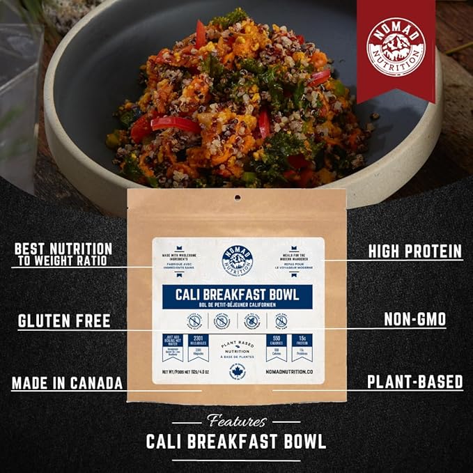 Nomad Nutrition Cali Breakfast Bowl | Instant Freeze Dried Backpacking & Camping Food | Plant-Based, Non-GMO Hiking Meals with High-Energy, Vegan, Gluten-Free | 112g - 1 Pack