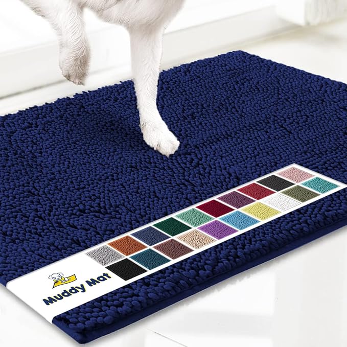 Muddy Mat® Shown on TV – Super Absorbent Microfiber Dog Door Mat for Muddy Paws, Non-Slip Washable Pet Rug, Quick Dry Chenille Entryway Carpet, Machine Washable Indoor Outdoor mat, Navy Blue 28"x18"