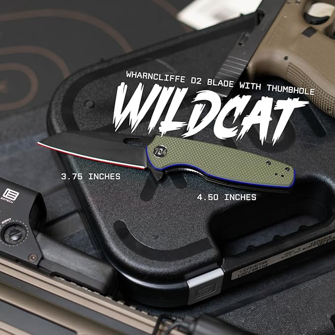 704 Gear Wildcat Lite EDC Folding Pocket Knife | Compact Size D2 Wharncliffe Blade with Thumbhole Cutout | Black