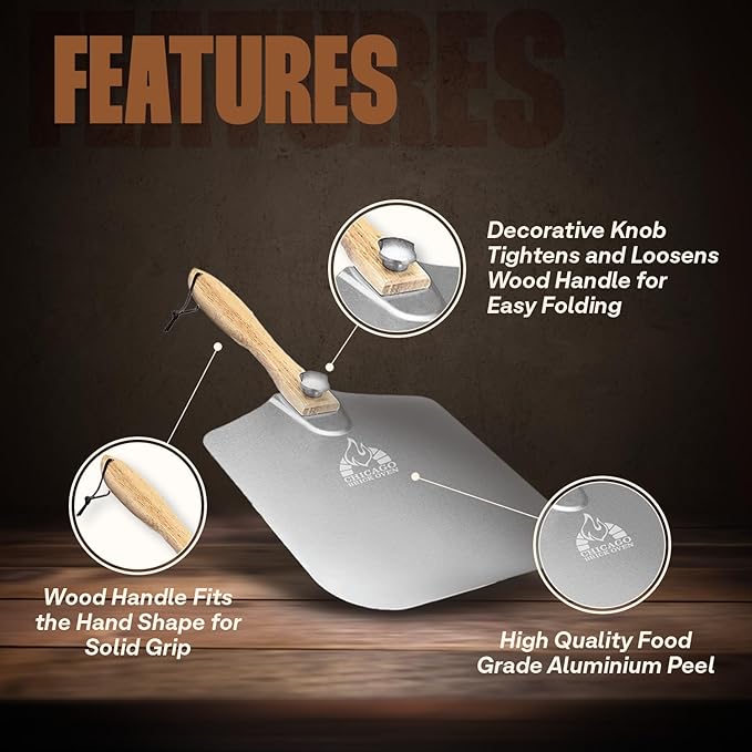 Chicago Brick Oven Aluminum Pizza Peel 12" x 14" with Foldable Wooden Handle, 25" Long Turning Spatula, Pizza Paddle, Pizza Spatula Paddle, Aluminum Metal Pizza Peel 12 Inch, Pizza Accessories