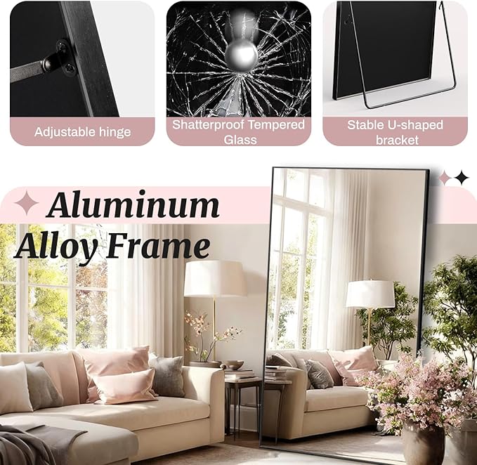 EOGOW 71" x 31" Full Body Mirror,Tempered Glass Shatterproof Full Length Mirror with Stand, Hanging, Wall Mounted Leaning for Bedroom Living Room Entryway