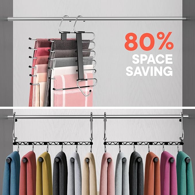 Black Space Saving Pants Hangers 4 Pack, 6 Layer Jeans Hangers and Closet Organizer for Jeans, Scarves, Skirts, Multi-Layer Hanger with Anti-Slip Coating & Stopper, Heavy-Duty S-Type Stainless Steel