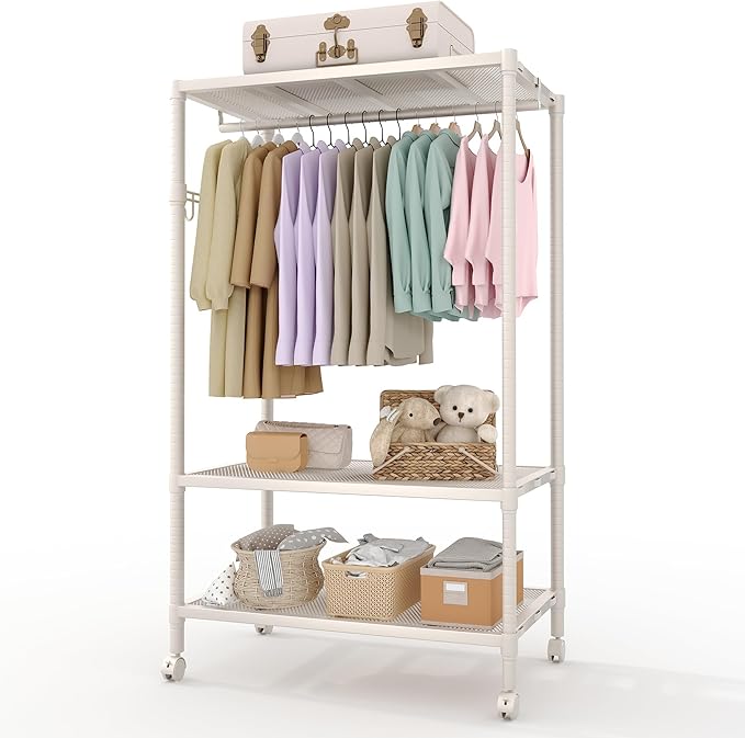 Heavy Duty Rolling Garment Rack with Adjustable Shelves, Freestanding Metal Clothes Organizer with Wheels and Side Hooks, Portable Wardrobe for Hanging Clothes, Beige