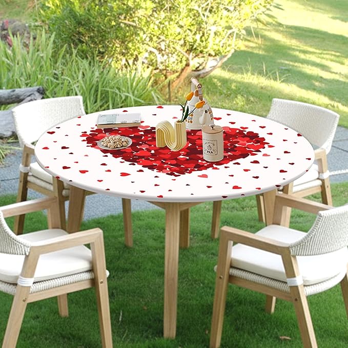 Valentines Day Round Fitted Tablecloth with Elastic Red Love Heart Circle Table Cloth for 48-52" Tables Wipeable Waterproof Washable Valentine Decorative Table Cover for Picnic Dining Party Decor