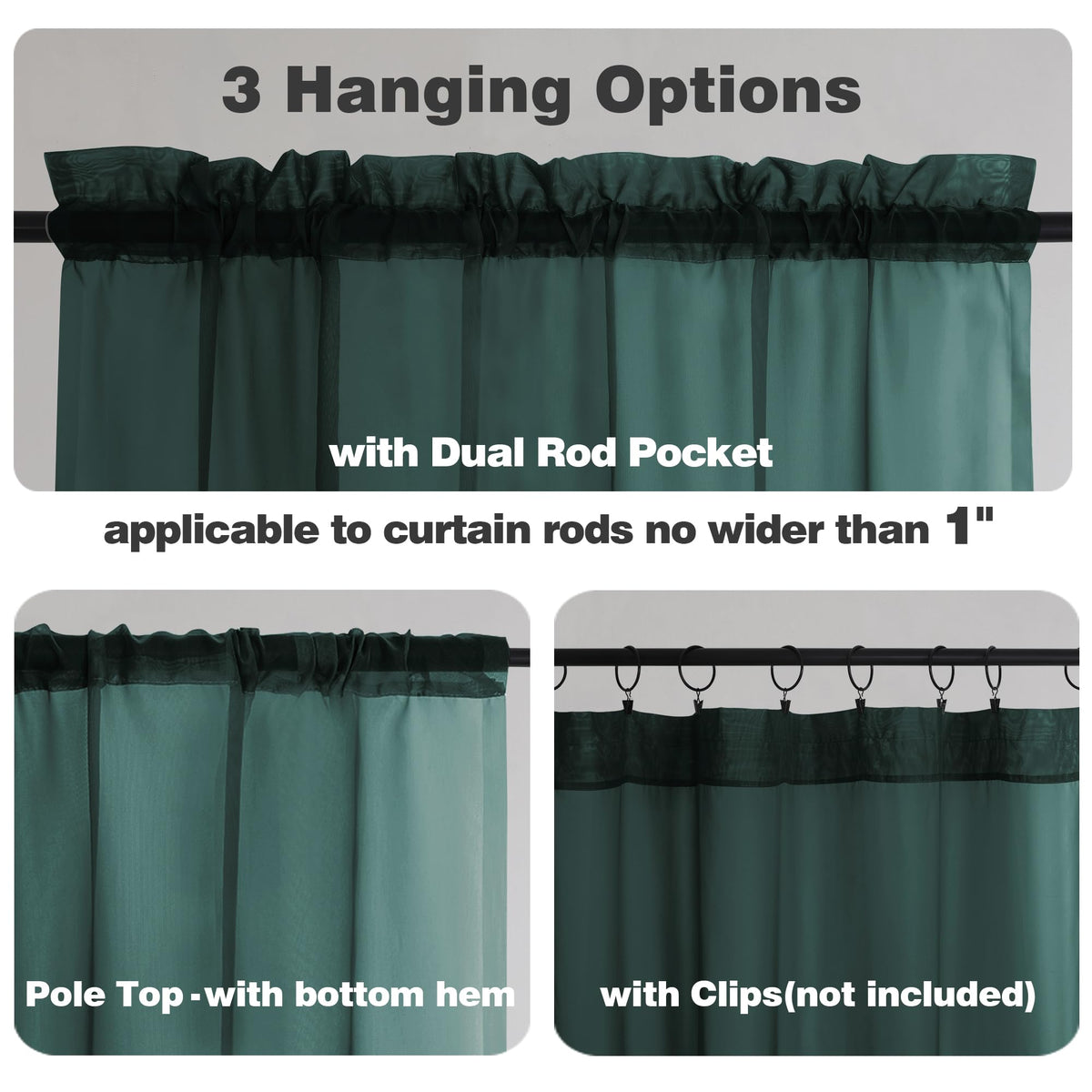 Hunter Green Sheer Curtains 54 Inch Long 2 Panels Set