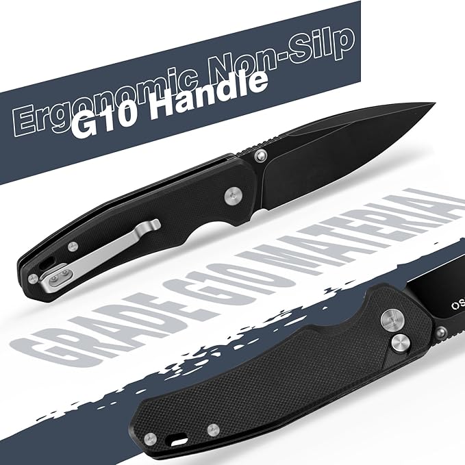 FINTISO Pocket Knife, 3" 14C28N Steel Blade G10 Handle Small EDC knife with Button Lock, Sharp Folding Knife with Pocket Clip for Camping, Survival,Hiking,traveling