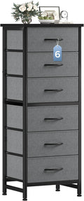 Sweetcrispy Tall Fabric Dresser for Bedroom, 6 Drawer Skinny Chest of Drawers, Narrow Storage Tower with Wood Top and Metal Frame, Vertical Nightstand for Closet, Bedroom Organization Furniture, Grey