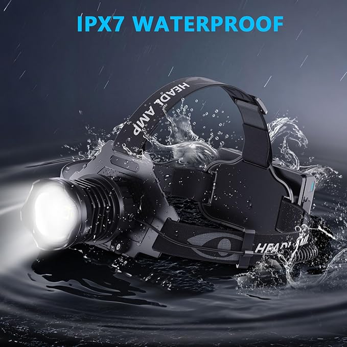 AMAKER LED Rechargeable Headlamp, High Lumens Super Bright with 5 Modes & IPX7 Level Waterproof USB Rechargeable Zoom Headlamp, 90° Adjustable for Outdoor Camping, Running, Cycling, Climbing