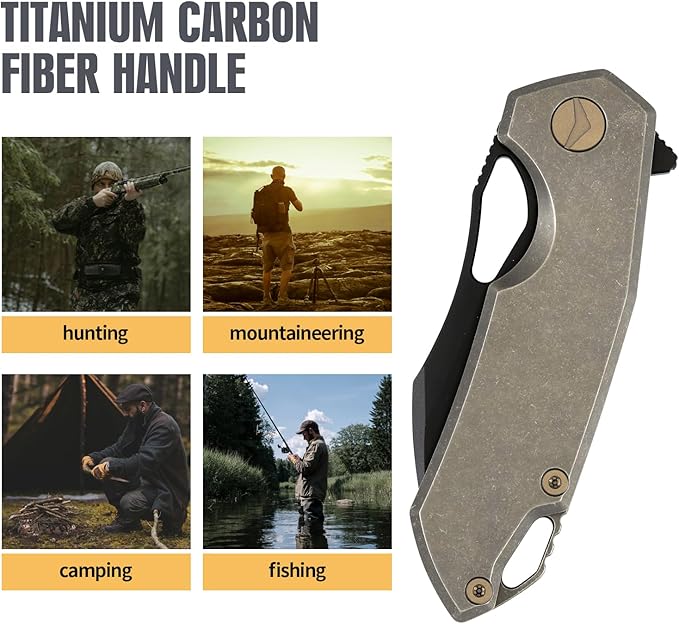 Folding Knife pocket knife EDC Knife With Clip Survival knife Camping knife - M390 Steel Titanium Handle - Outdoor Camping Survival Hunting knife with Sheath (Bronze)